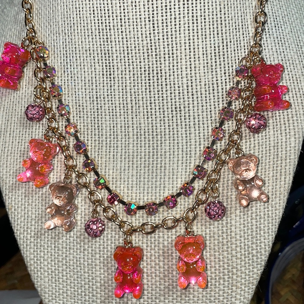 - Betsey Johnson Pink/Peach Gumi Bear Necklace with Iridescent Crystals